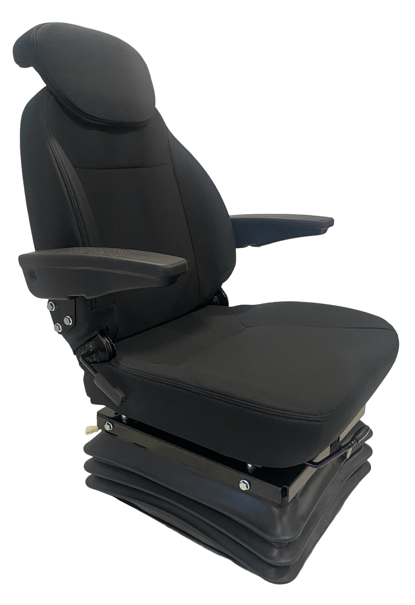 SC15-AIR air suspension seat right side view showing suspension base and adjustable armrests. An affordable replacement for the Grammer MSG95/721