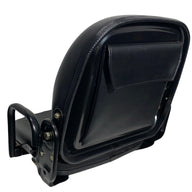 Rear view of compact machinery non-suspension seat showing document pouch, sturdy armrests for support and robust frame with premium waterproof PU vinyl finish.