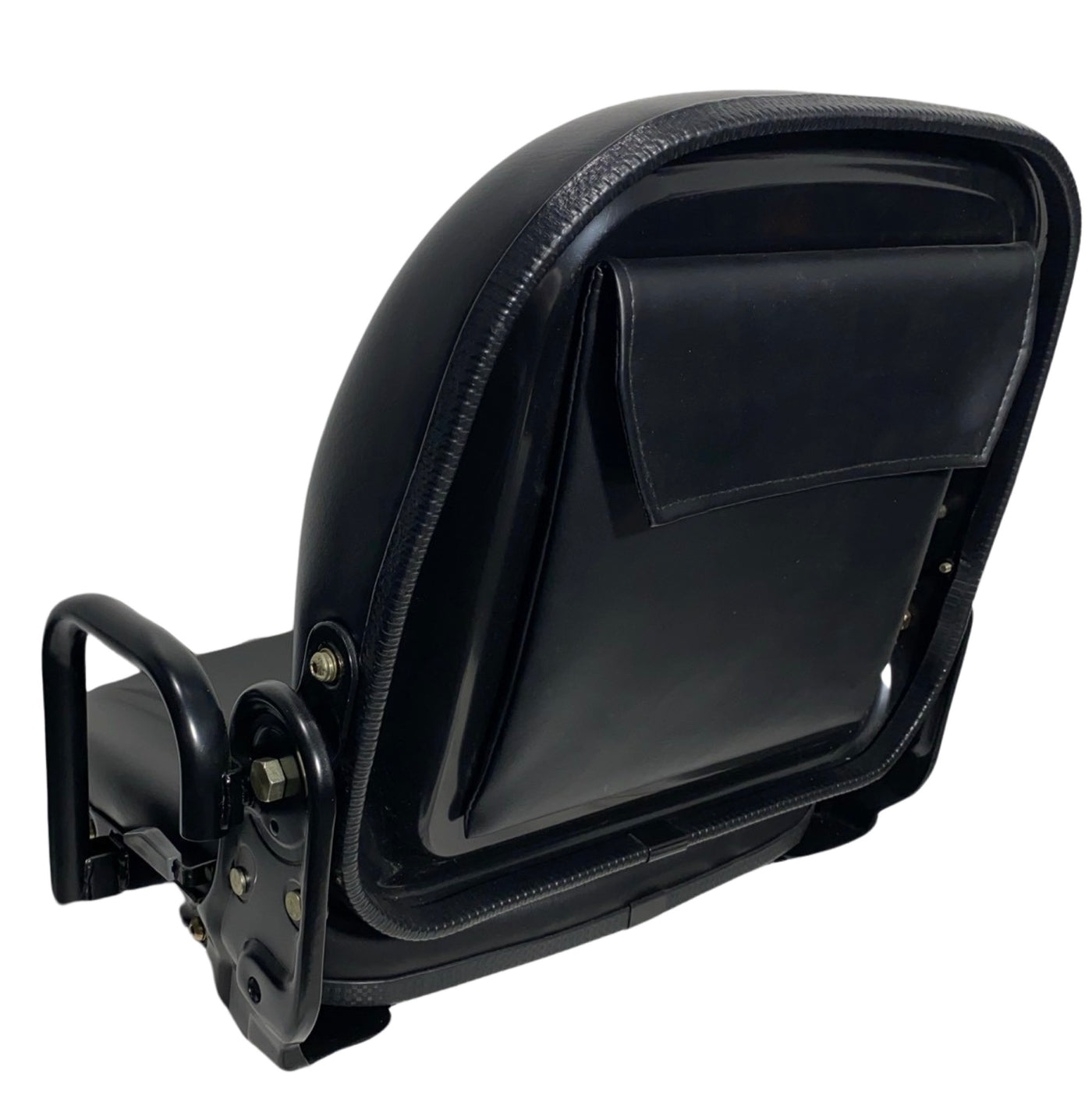Rear view of compact machinery non-suspension seat showing document pouch, sturdy armrests for support and robust frame with premium waterproof PU vinyl finish.