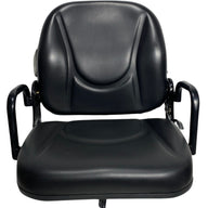 Front view of compact machinery seat for forklifts and construction equipment, featuring durable side handrails, molded backrest and waterproof PU vinyl trim.