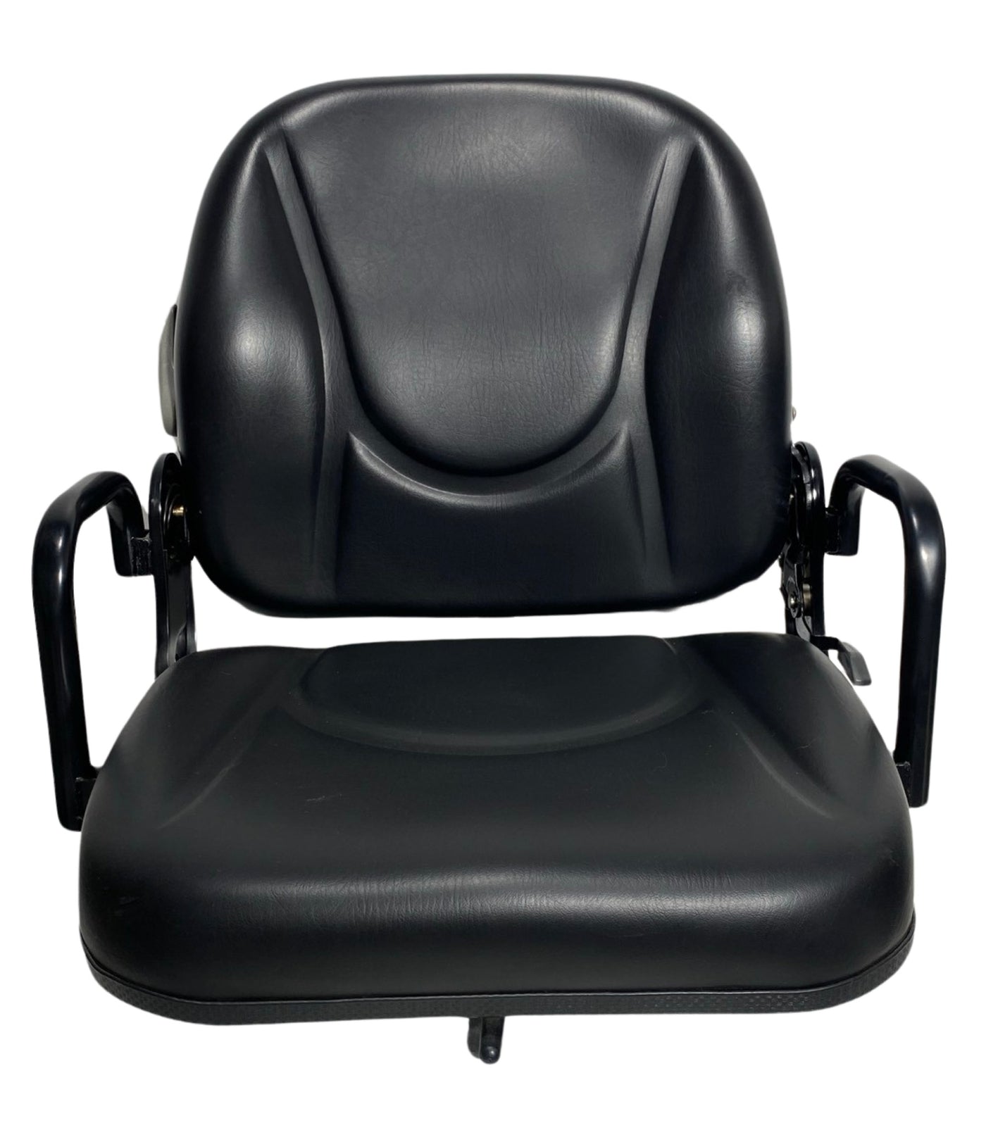 Front view of compact machinery seat for forklifts and construction equipment, featuring durable side handrails, molded backrest and waterproof PU vinyl trim.