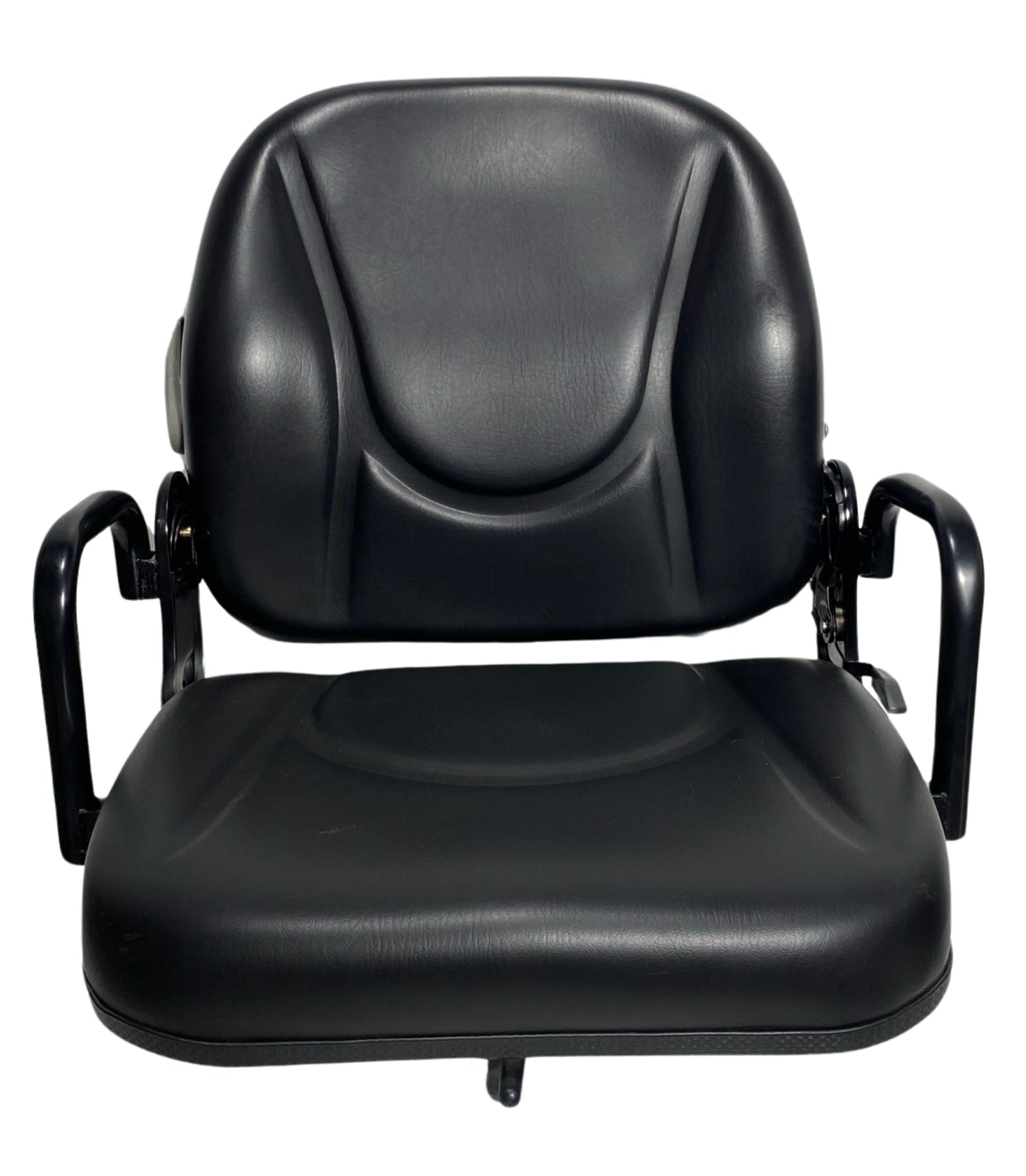 Front view of compact machinery seat for forklifts and construction equipment, featuring durable side handrails, molded backrest and waterproof PU vinyl trim.