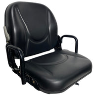 Right-side view of non-suspension compact machinery seat with fold-down backrest and durable side handrails.
