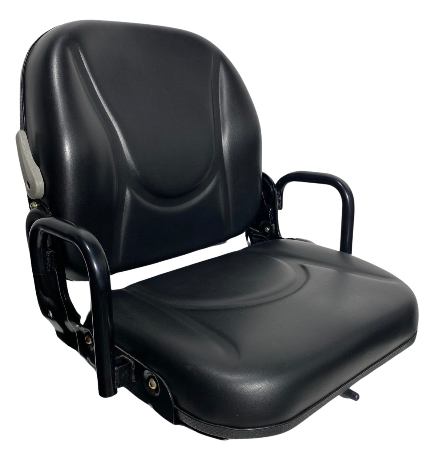 Right-side view of non-suspension compact machinery seat with fold-down backrest and durable side handrails.