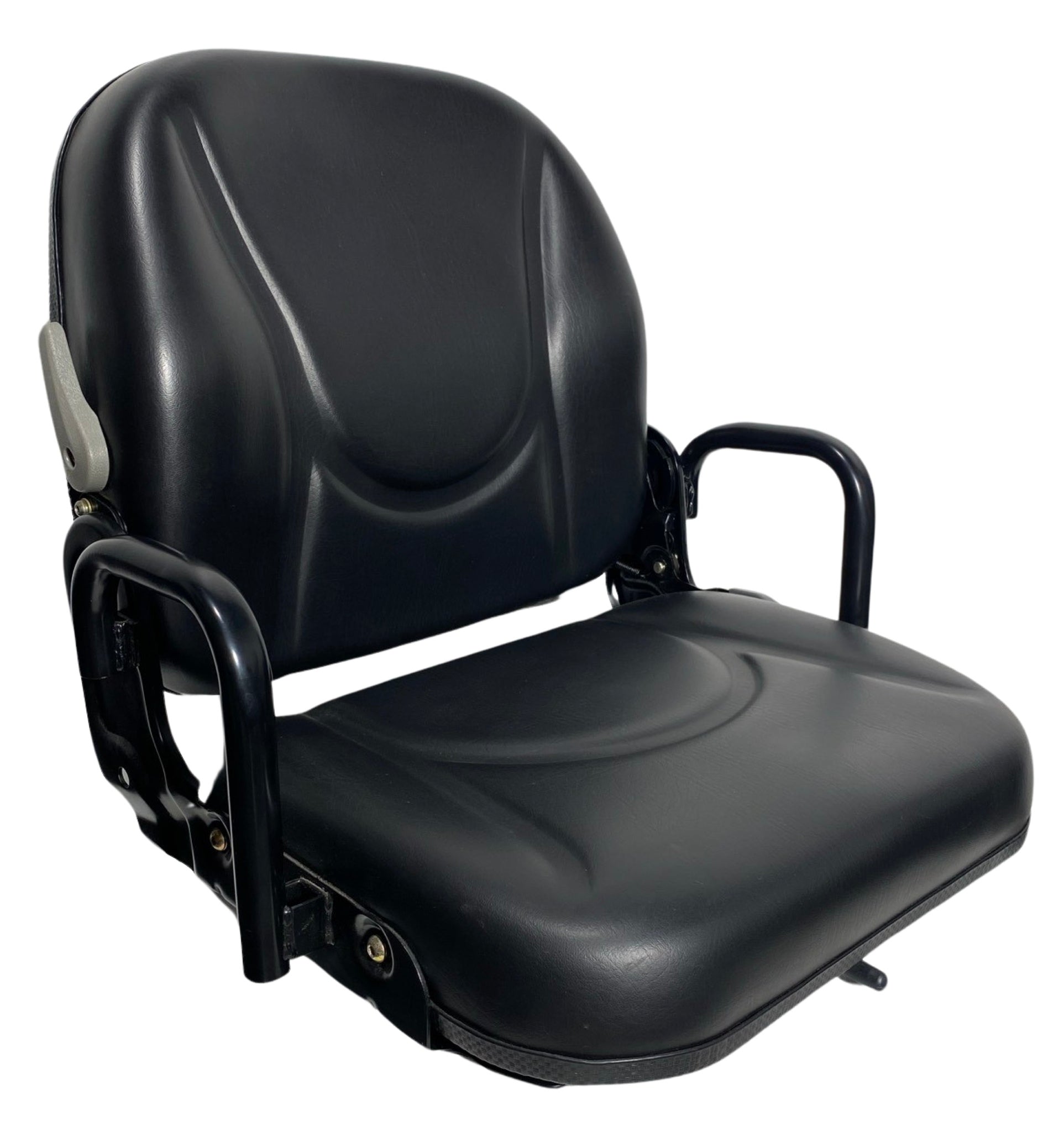 Right-side view of non-suspension compact machinery seat with fold-down backrest and durable side handrails.