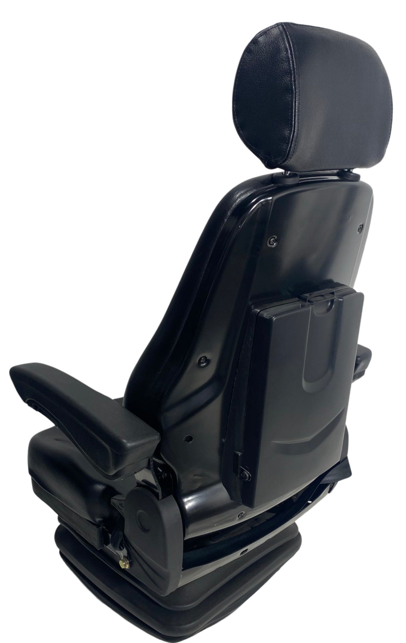 Rear view of SC27 mechanical suspension seat featuring strong steel-backed frame and operator present switch compatibility.