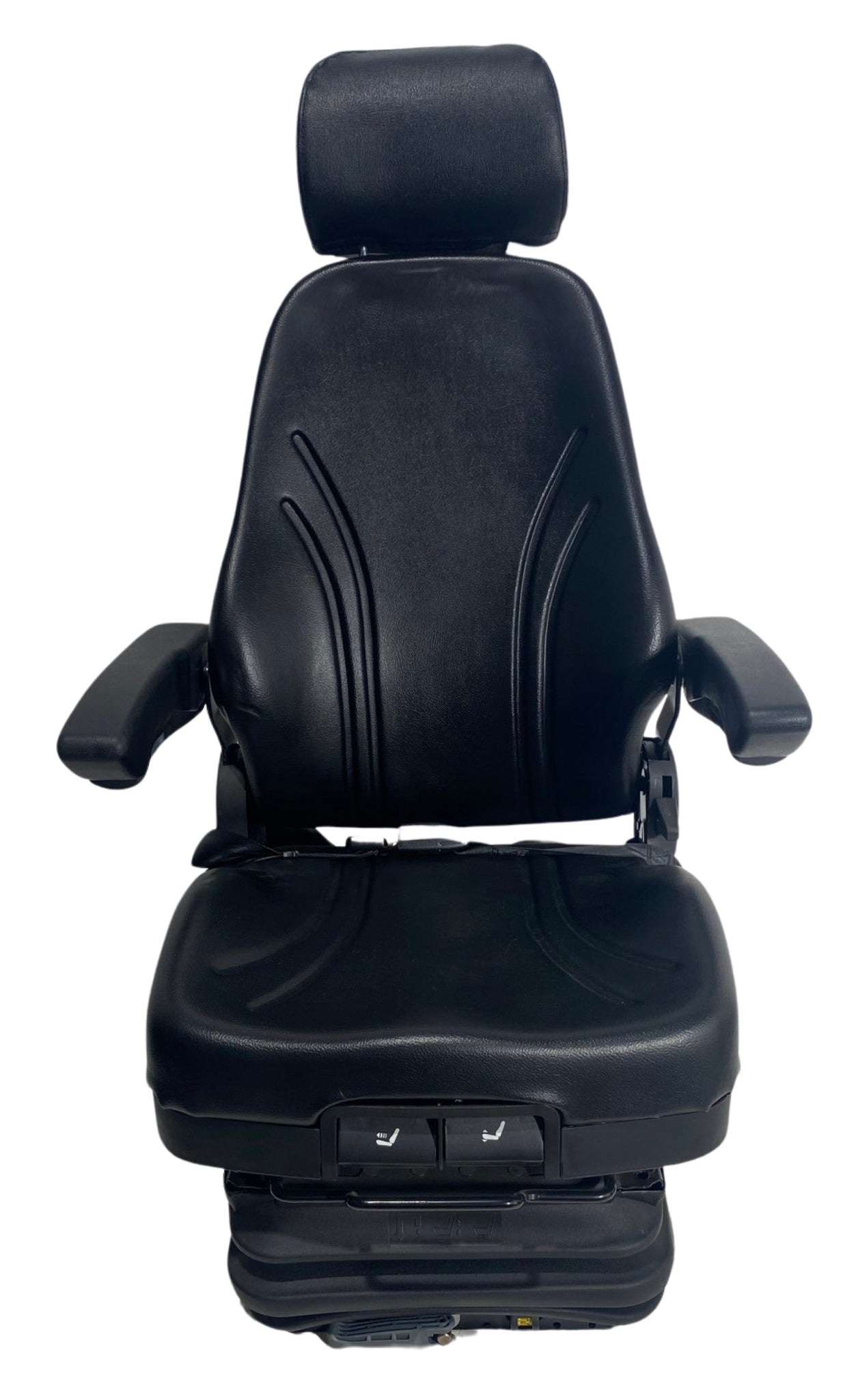 Front view of SC27 mechanical suspension seat showing high backrest, black PU vinyl trim, and integrated lap seatbelt for off-road machinery use.