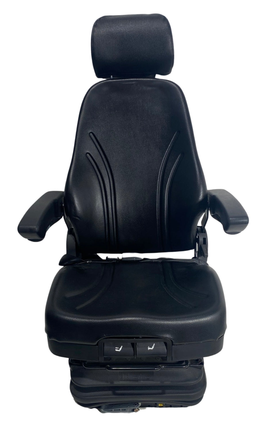 Front view of SC27 mechanical suspension seat showing high backrest, black PU vinyl trim, and integrated lap seatbelt for off-road machinery use.