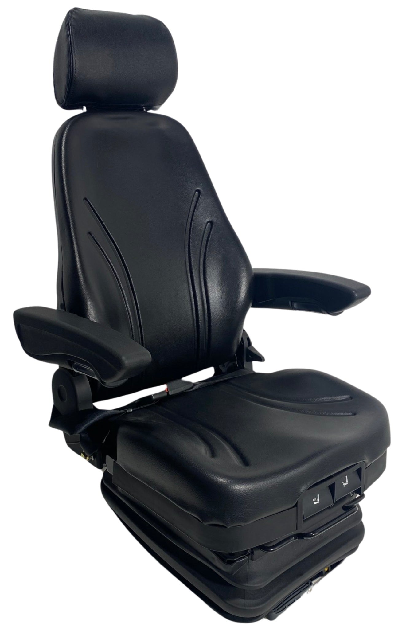 Right side profile of SC27 mechanical suspension seat displaying adjustable backrest, headrest, and armrests with front-mounted controls.