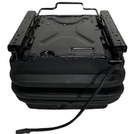 Back view of SC28 12V air suspension seat base highlighting air suspension system, compressor unit, for heavy-duty off-road construction.