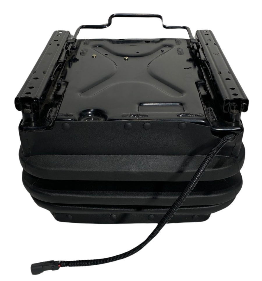 Back view of SC28 12V air suspension seat base highlighting air suspension system, compressor unit, for heavy-duty off-road construction.