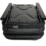Front view of SC28 12V air suspension seat base showing integrated 12v or 24v air compressor and double locking slide rails for off-road machinery use.