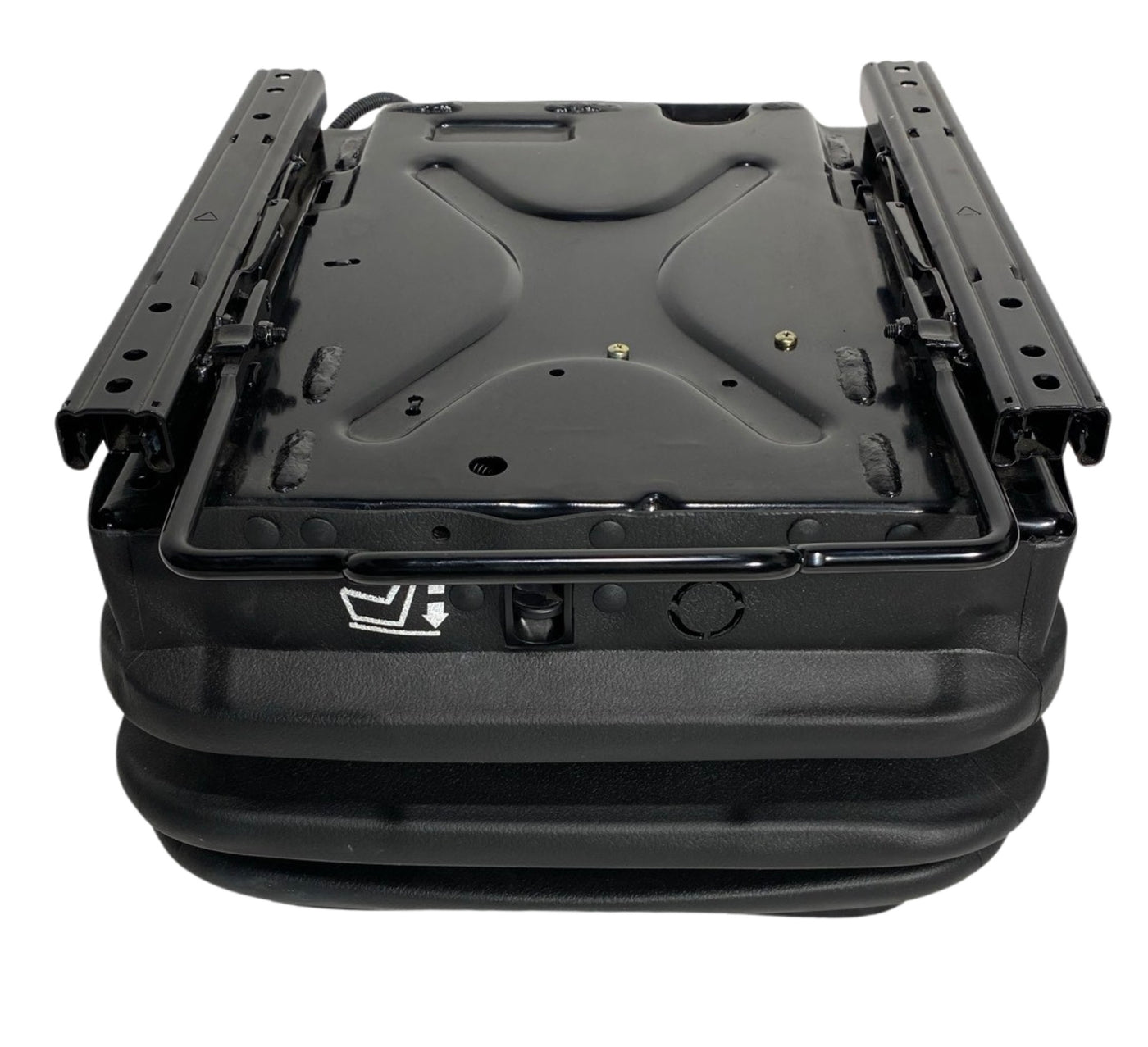 Front view of SC28 12V air suspension seat base showing integrated 12v or 24v air compressor and double locking slide rails for off-road machinery use.