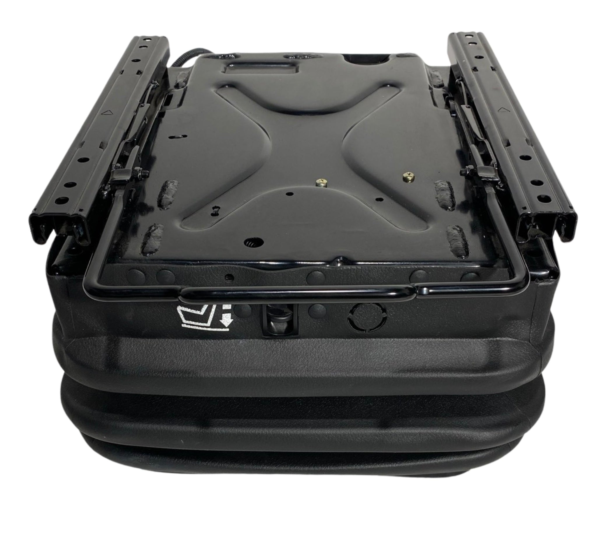 Front view of SC28 12V air suspension seat base showing integrated 12v or 24v air compressor and double locking slide rails for off-road machinery use.