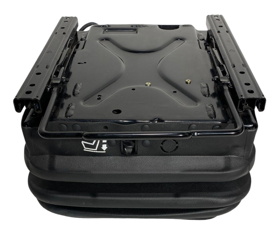 Front view of SC28 12V air suspension seat base showing integrated 12v or 24v air compressor and double locking slide rails for off-road machinery use.
