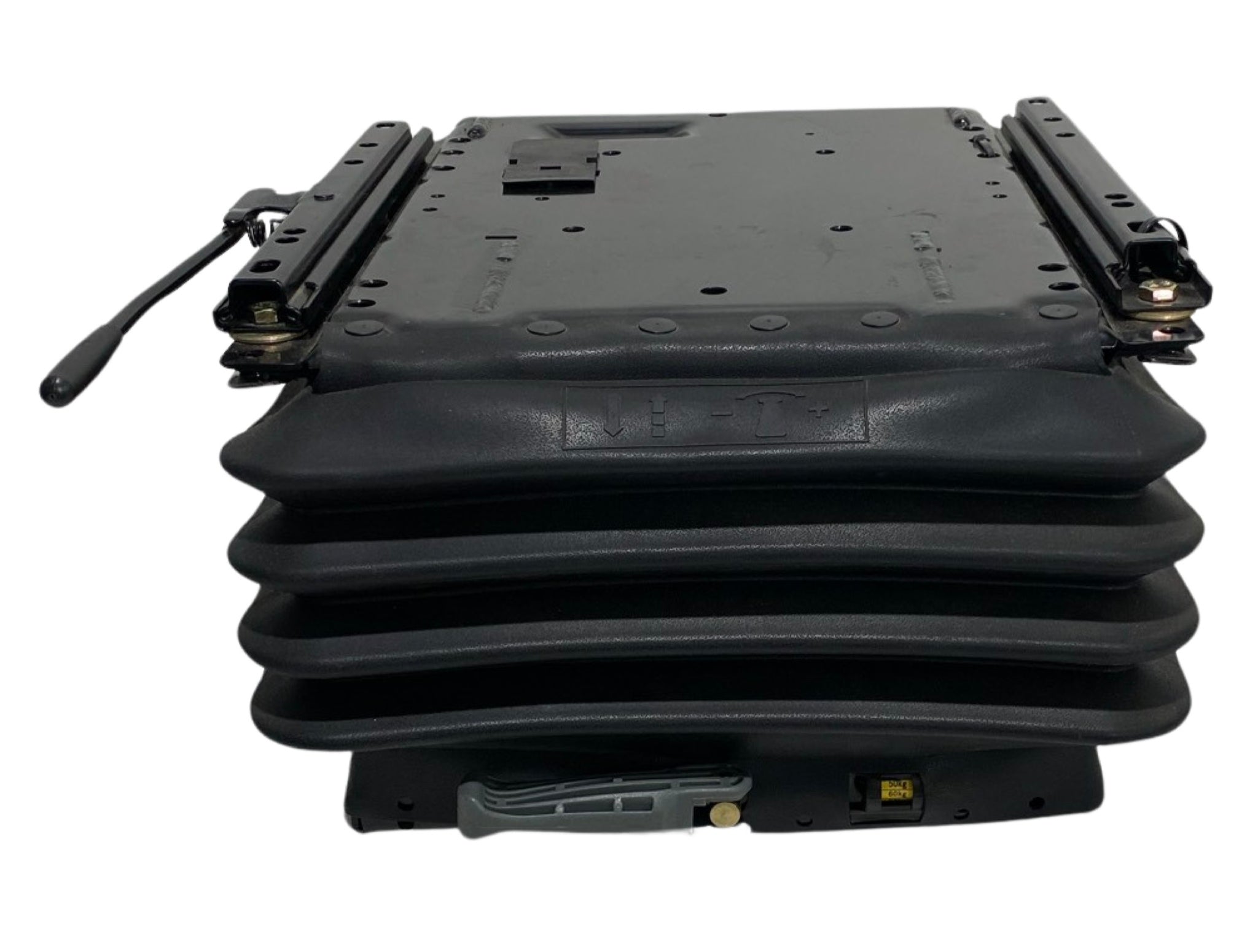 Front view of SC7 mechanical suspension seat base showing sturdy frame, two step height adjustment, single locking slide rails, and heavy duty off-road design.