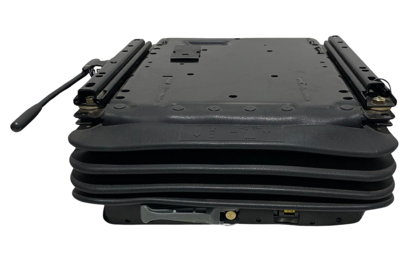 Front view of SC7 mechanical suspension seat base in the down position with 60mm ratchet height adjustment, weight adjustment up to 130kg and durable off-road design.