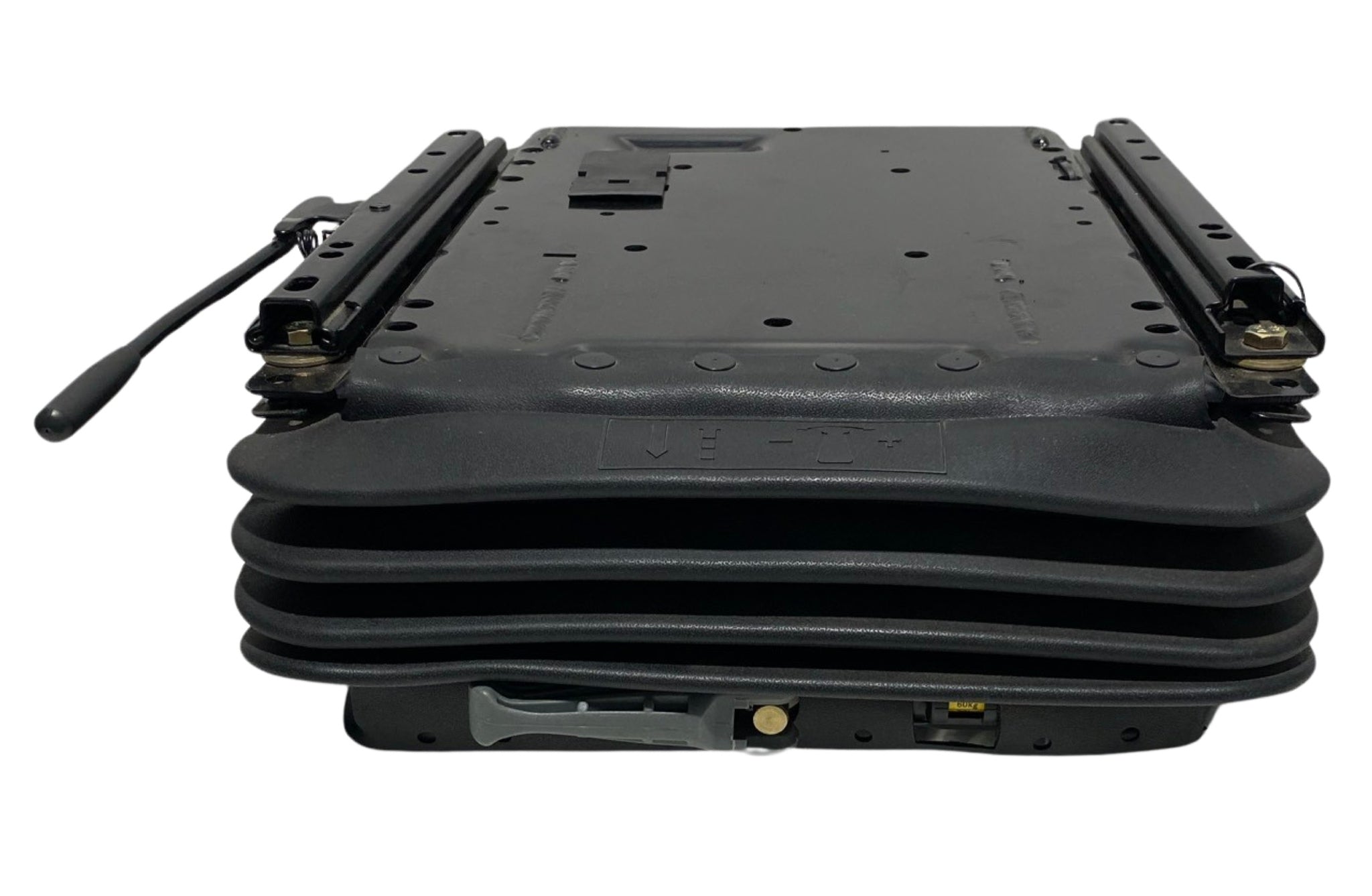 Front view of SC7 mechanical suspension seat base in the down position with 60mm ratchet height adjustment, weight adjustment up to 130kg and durable off-road design.