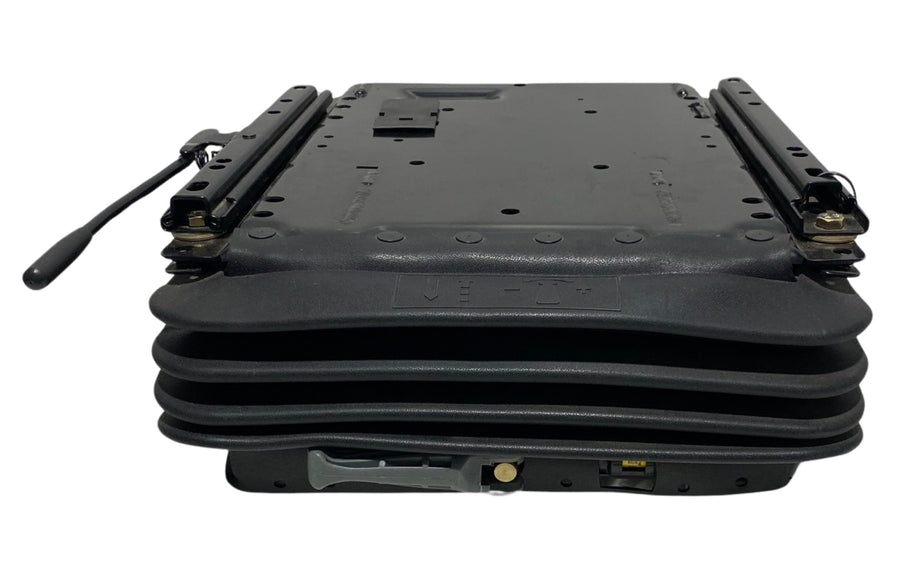 Front view of SC7 mechanical suspension seat base in the down position with 60mm ratchet height adjustment, weight adjustment up to 130kg and durable off-road design.