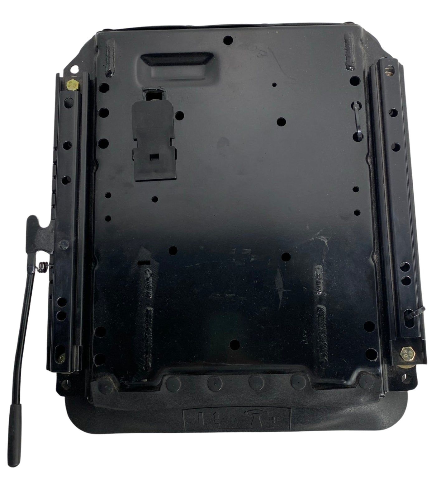 Top view of SC7 seat base showing single locking slide rails and mounting hole layout for easy installation.