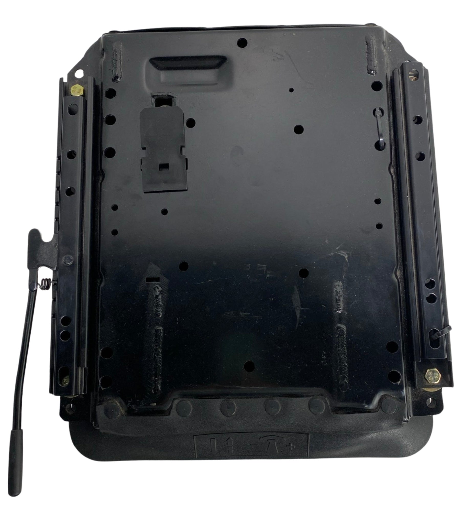 Top view of SC7 seat base showing single locking slide rails and mounting hole layout for easy installation.