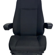 Front view of mechanical suspension seat with black heavy-duty fabric, adjustable headrest, and armrests for trucks and large earthmoving machinery.