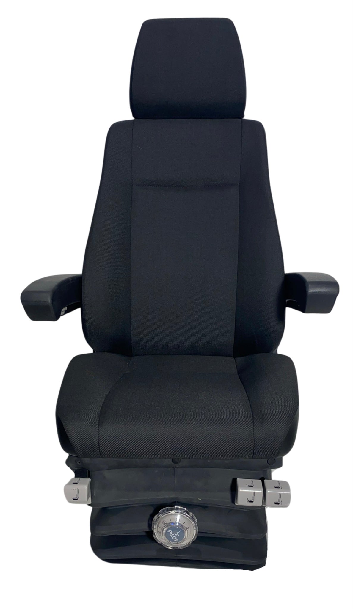 Front view of mechanical suspension seat with black heavy-duty fabric, adjustable headrest, and armrests for trucks and large earthmoving machinery.