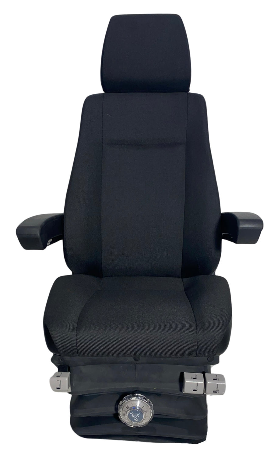 Front view of mechanical suspension seat with black heavy-duty fabric, adjustable headrest, and armrests for trucks and large earthmoving machinery.