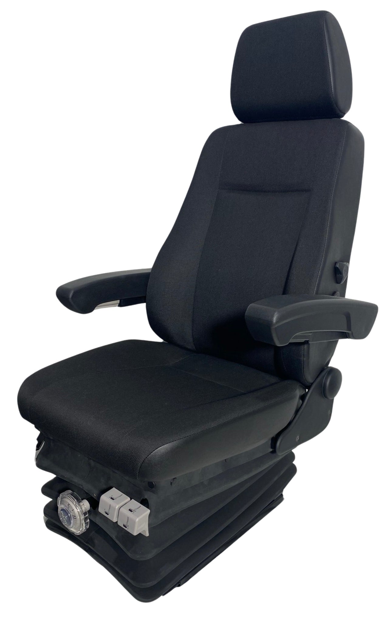 Left-hand side view of mechanical suspension seat with durable fabric trim and mechanical suspension system for smooth operation.