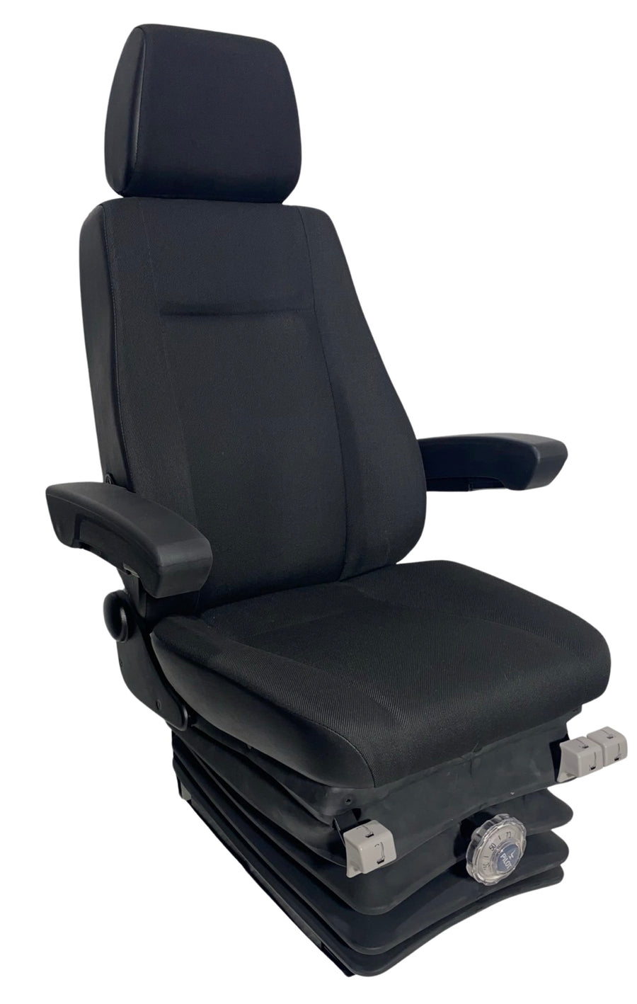 Right-hand side profile of mechanical suspension seat showing front controls and ergonomic seatback design for operator comfort.