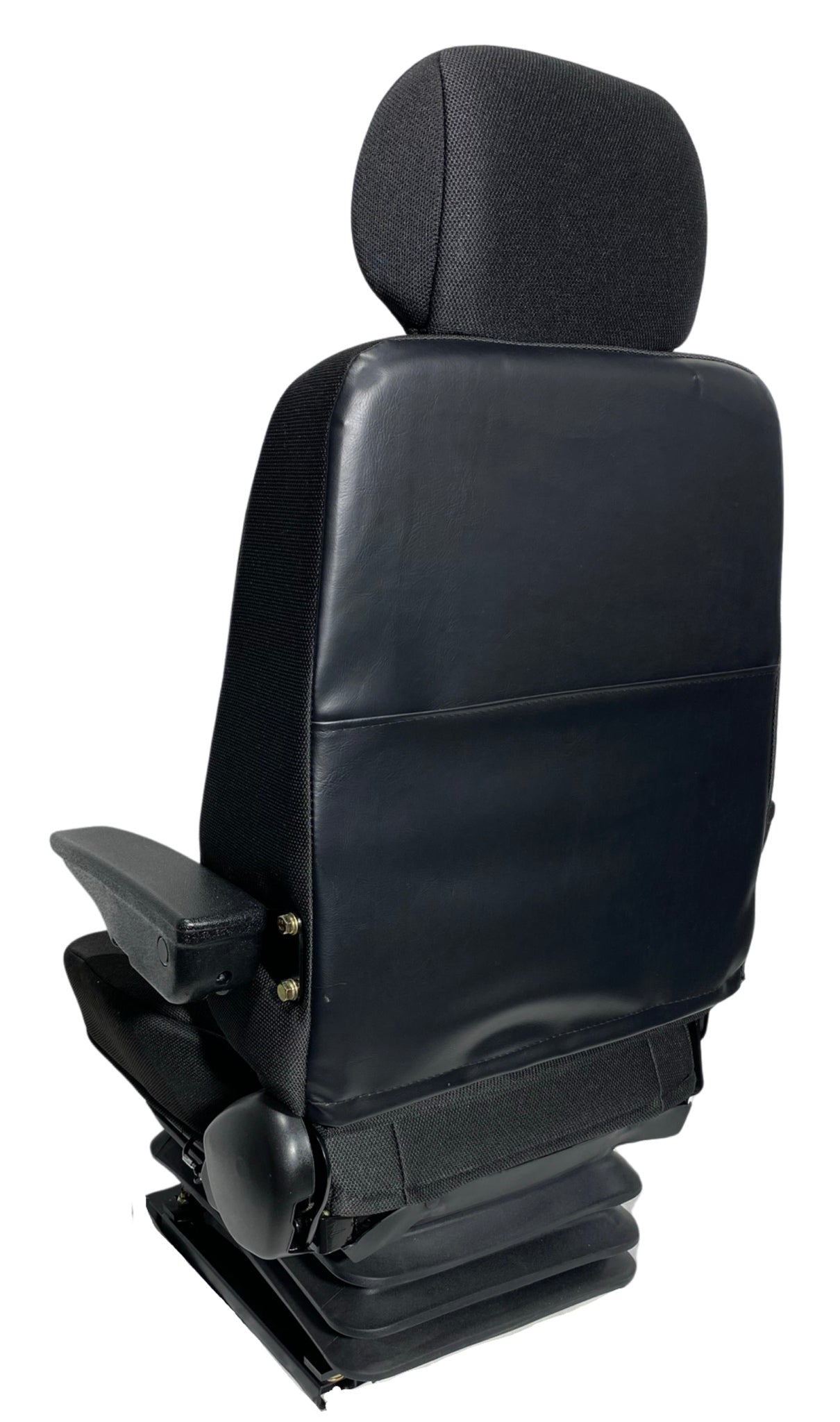 Rear view of SG10 mechanical suspension seat featuring strong steel frame and double locking slide rails for secure mounting.