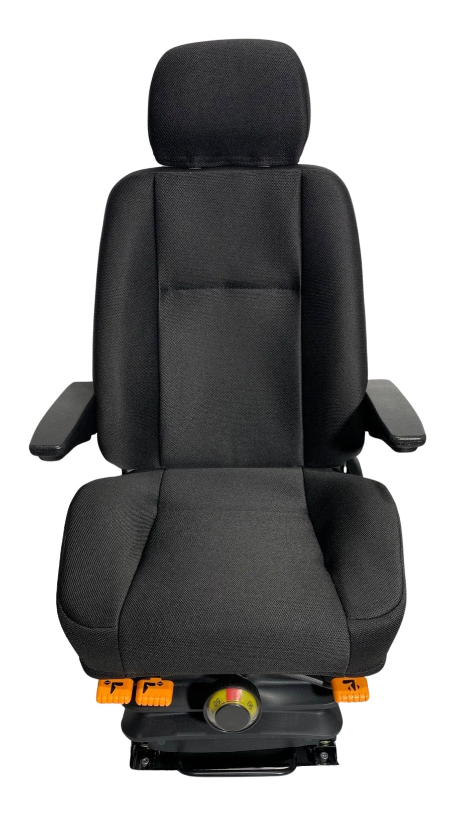 Front view of SG10 mechanical suspension seat with heavy-duty black fabric and ergonomic design for agricultural and construction machinery.