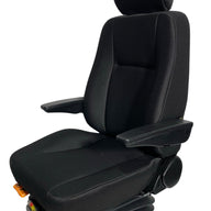 Left-hand side view of SG10 mechanical suspension seat with adjustable seatback and durable black fabric for off-road equipment.