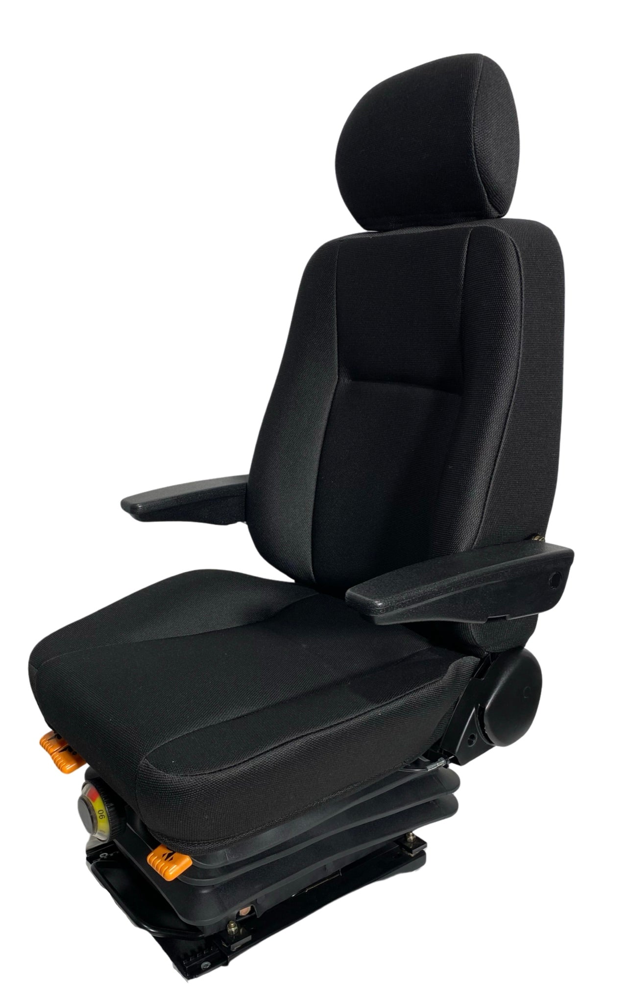 Left-hand side view of SG10 mechanical suspension seat with adjustable seatback and durable black fabric for off-road equipment.