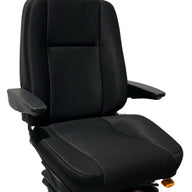 Right-hand side profile of SG10 mechanical suspension seat showing front control levers and adjustable armrests for operator comfort.