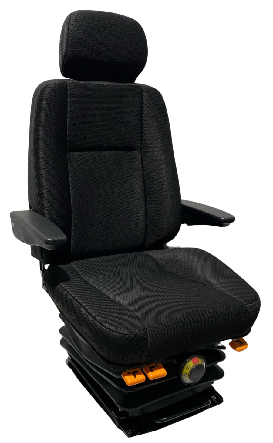 Right-hand side profile of SG10 mechanical suspension seat showing front control levers and adjustable armrests for operator comfort.