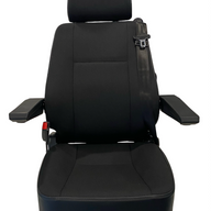 SG1U-150 M1/N1-rated on-road seat – black fabric with headrest, armrests, and integrated seatbelt for NZ motorhomes, buses, and trucks