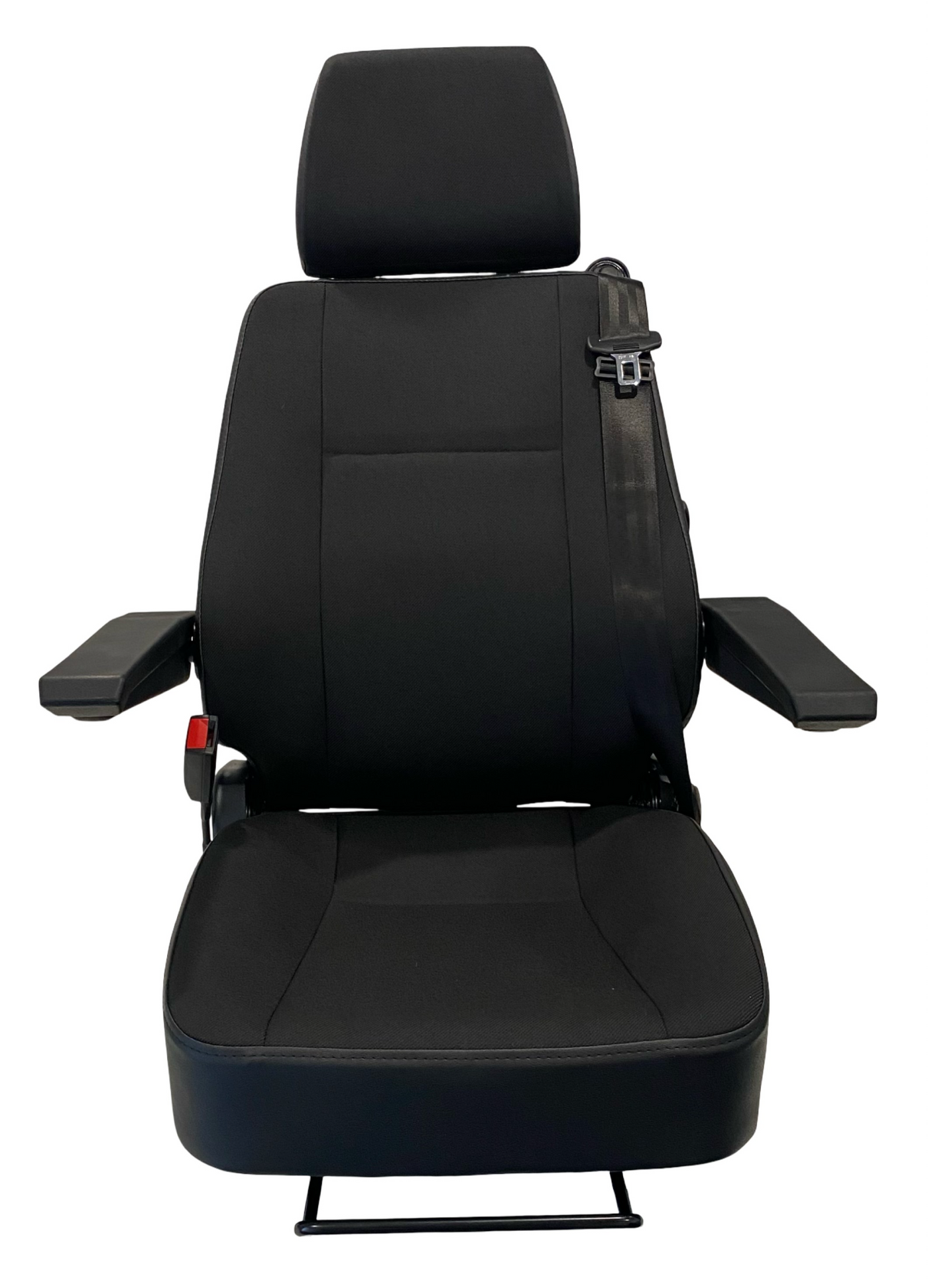 SG1U-150 M1/N1-rated on-road seat – black fabric with headrest, armrests, and integrated seatbelt for NZ motorhomes, buses, and trucks