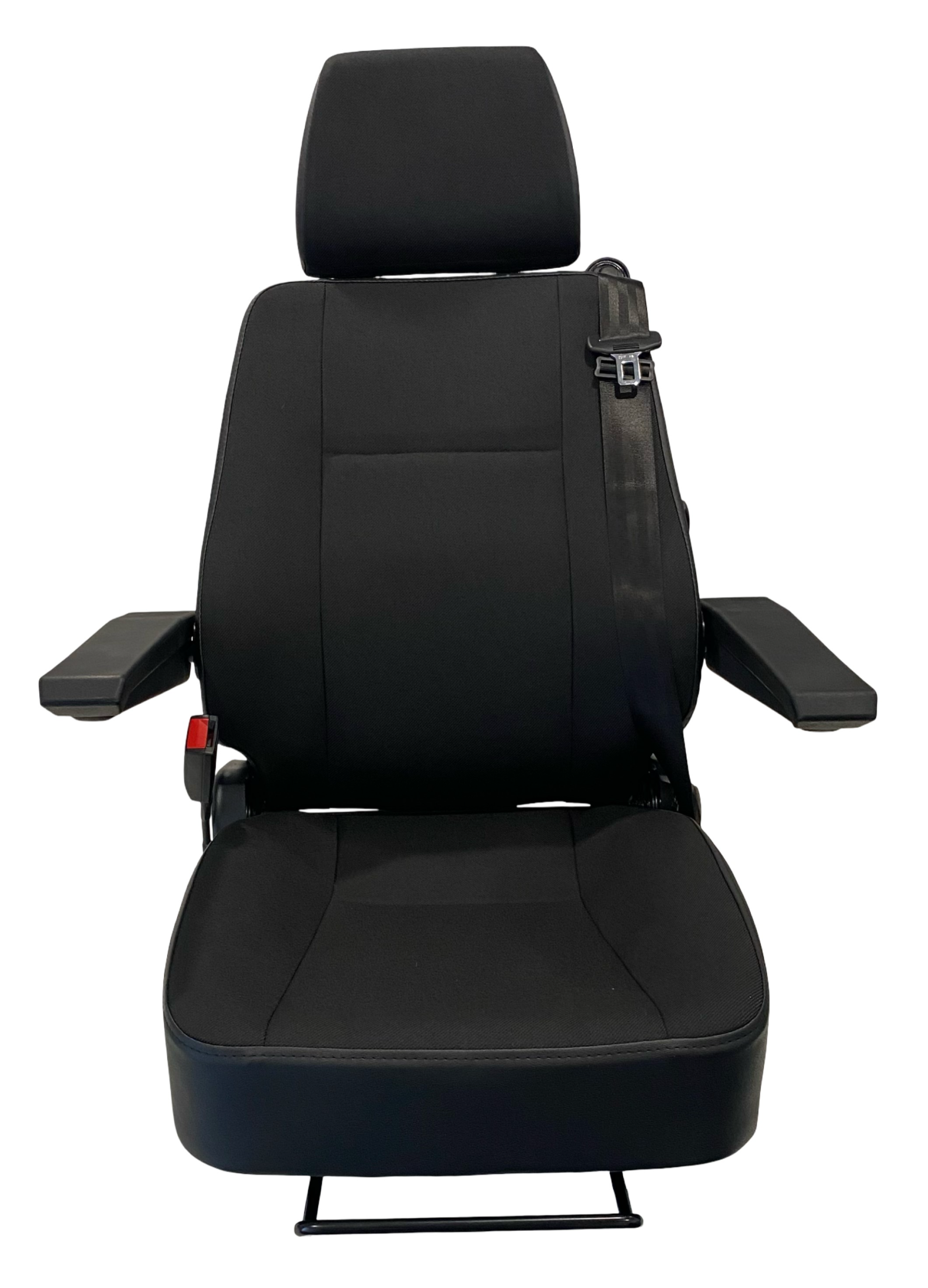 SG1U-150 M1/N1-rated on-road seat – black fabric with headrest, armrests, and integrated seatbelt for NZ motorhomes, buses, and trucks
