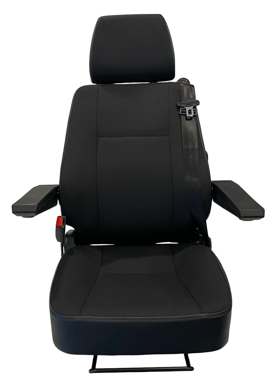 SG1U-150 M1/N1-rated on-road seat – black fabric with headrest, armrests, and integrated seatbelt for NZ motorhomes, buses, and trucks