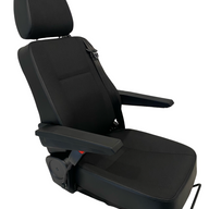 Right side profile of SG1U-150 seat showing armrest, adjustable lumbar support, and seatbelt mount for on-road NZ vehicles