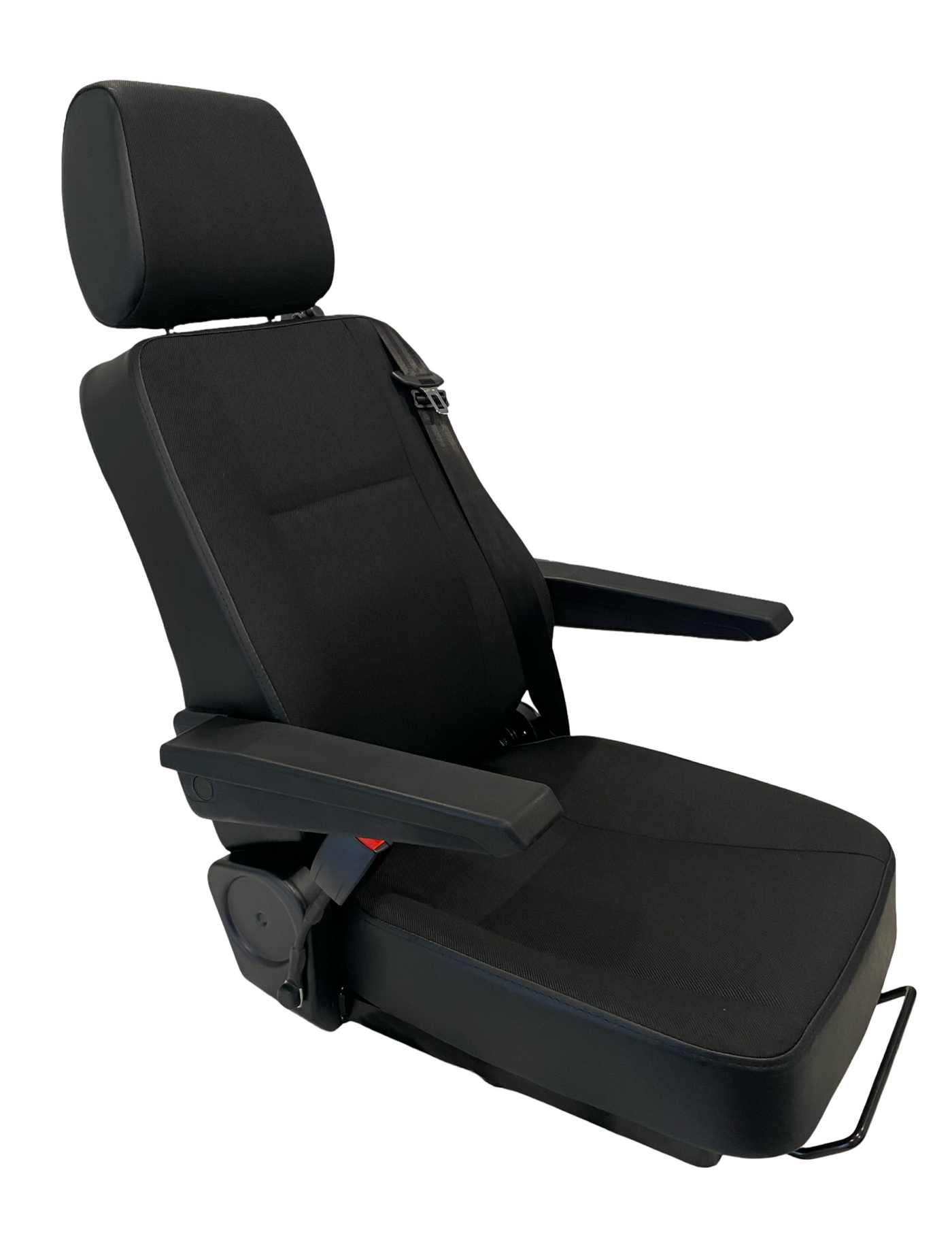 Right side profile of SG1U-150 seat showing armrest, adjustable lumbar support, and seatbelt mount for on-road NZ vehicles