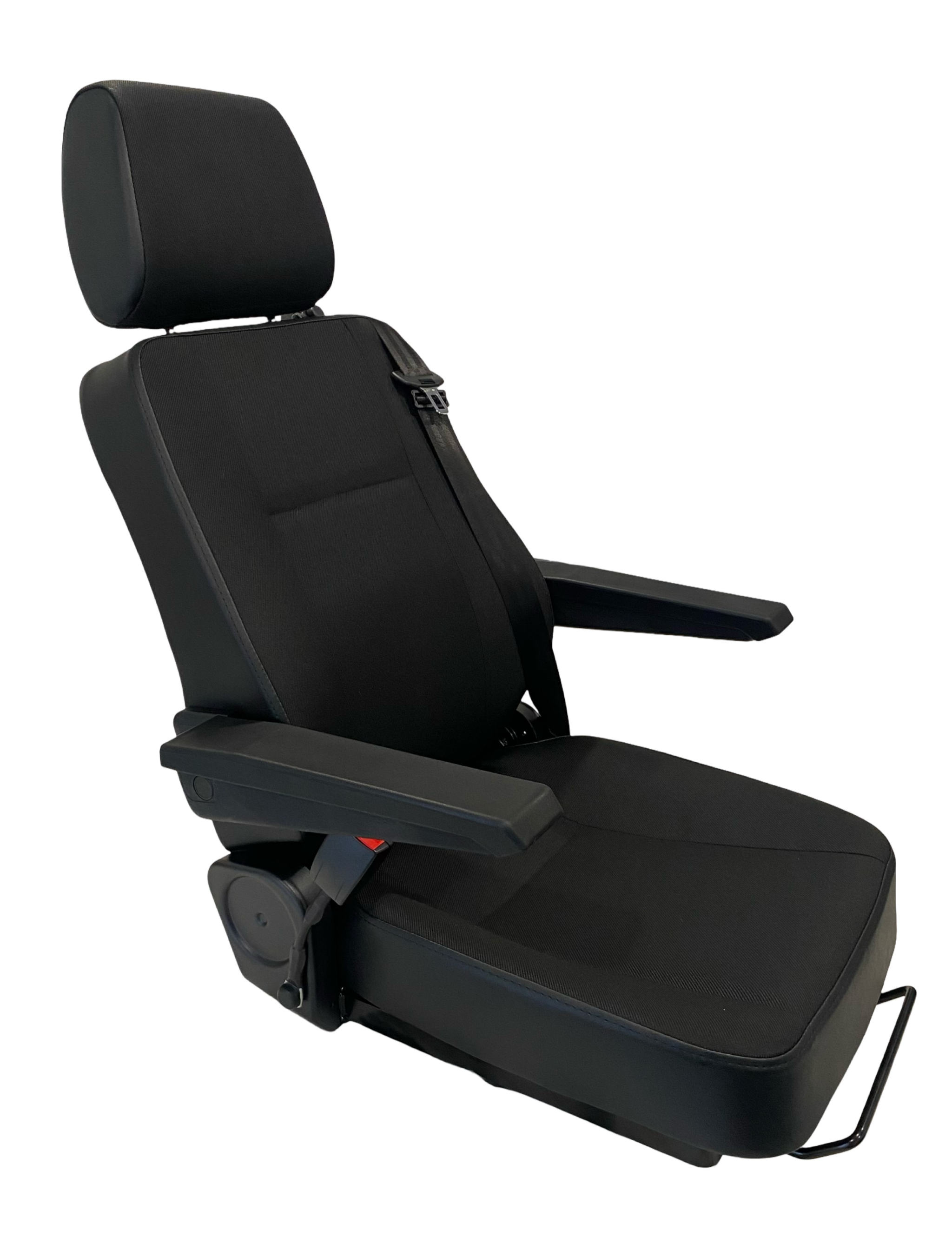 Right side profile of SG1U-150 seat showing armrest, adjustable lumbar support, and seatbelt mount for on-road NZ vehicles