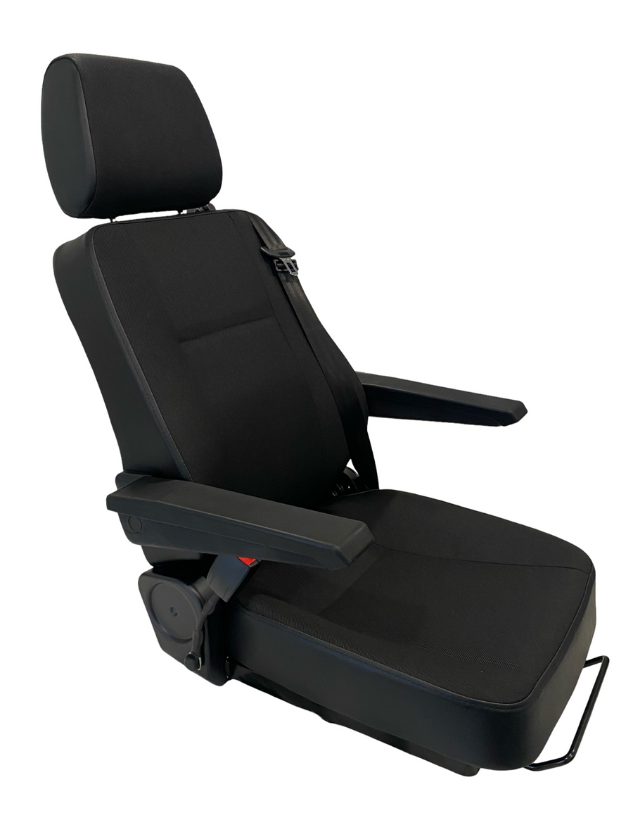 Right side profile of SG1U-150 seat showing armrest, adjustable lumbar support, and seatbelt mount for on-road NZ vehicles