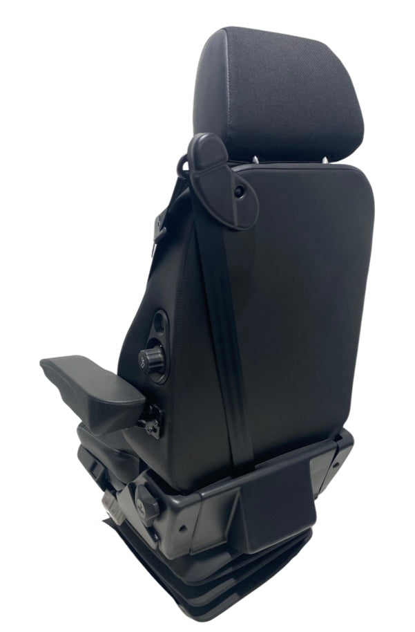 Rear view of SG2-150 mechanical suspension seat with strong steel frame, double locking slide rails, and height adjustment mechanism for operator safety.