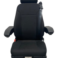 Front view of SG2-150 M2/N2 rated mechanical suspension seat with black heavy-duty fabric, adjustable headrest, and armrests for trucks and motorhomes.