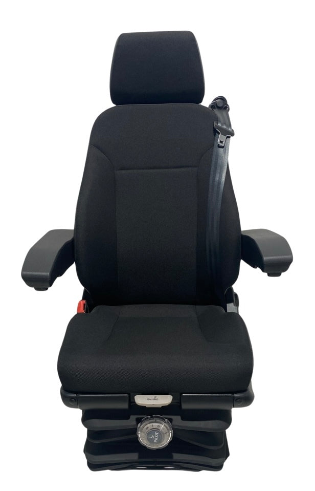 Front view of SG2-150 M2/N2 rated mechanical suspension seat with black heavy-duty fabric, adjustable headrest, and armrests for trucks and motorhomes.