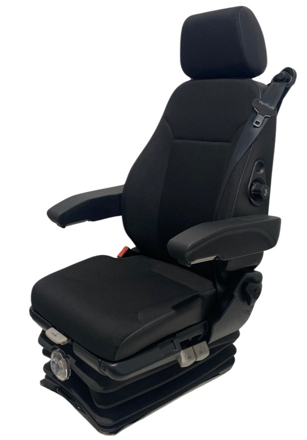 Left-hand side view of SG2-150 M2/N2 rated seat featuring mechanical suspension system and durable black fabric upholstery.