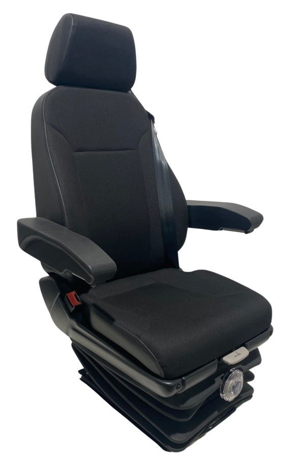 Right-hand side profile of SG2-150 mechanical suspension seat showing side controls, seatbelt mounting point, and ergonomic backrest design.