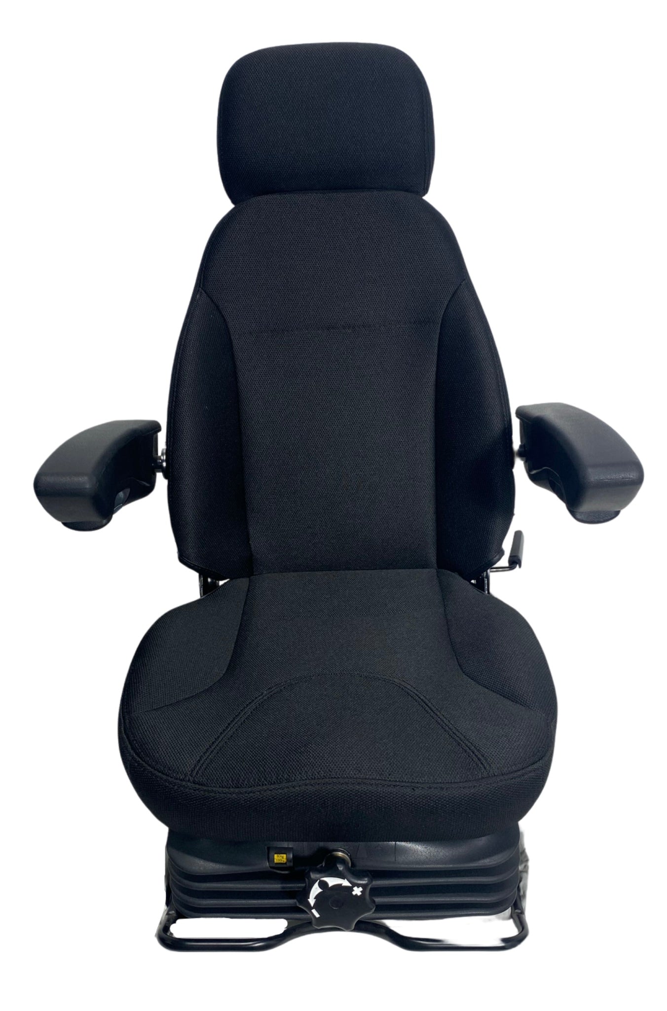 Front view of SG7 mechanical suspension seat with heavy-duty black fabric, low-profile design, and ergonomic support for compact machinery.